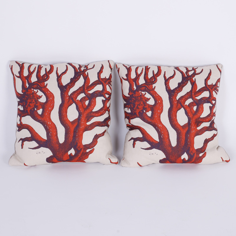 Pair Of Linen Pillows With Red Coral Motif Priced Individually