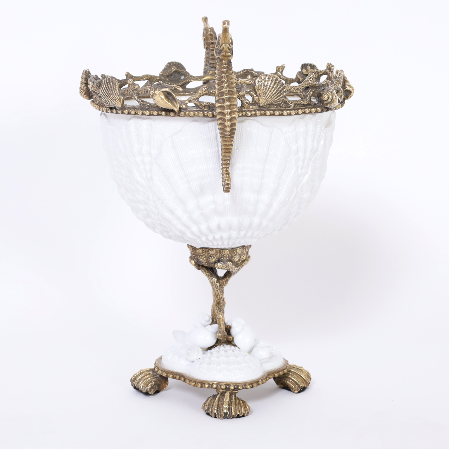 Porcelain and Brass Compote with Seahorses