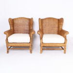 Pair of British Colonial Style Wicker Wingback Armchairs by Baker