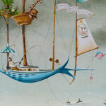 Vintage Painting of a Hot Air Balloon Towing a Boat by Ardivino