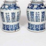 Pair of Chinese Export Blue and White Lidded Jars with Longevity Symbols