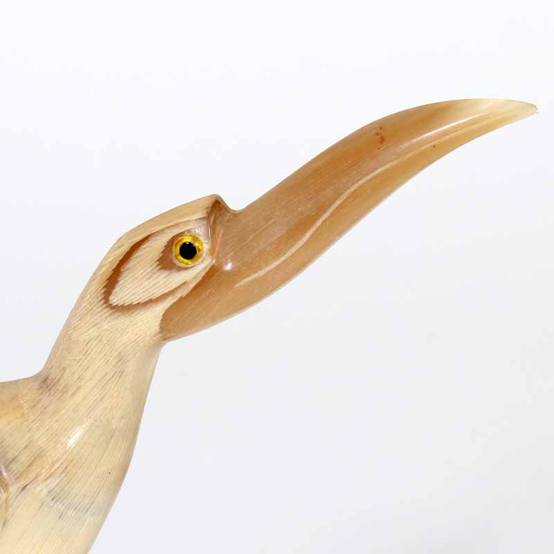 Horn Carved Heron on Hoof Shaped Wood Plinth