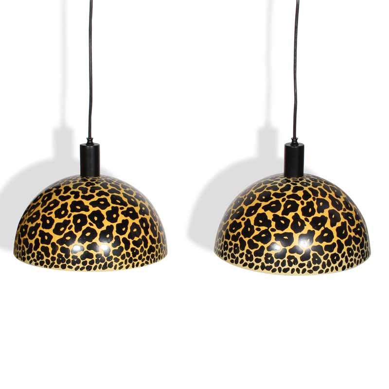 Pair of Painted Leopard Print Pendant Lights