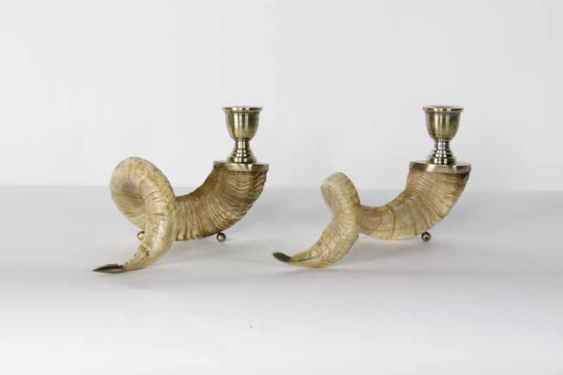 Pair of Rams Horn Candlesticks with Brass Candlecups and Accents