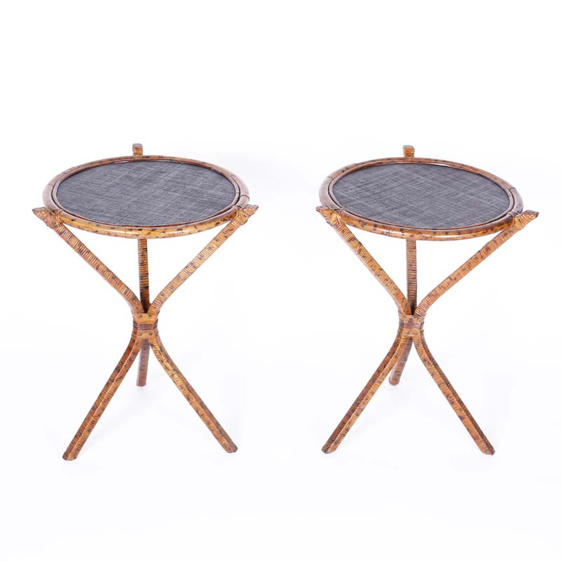 Pair of Mid Century Faux Burnt Bamboo and Grasscloth Stands or Side Tables