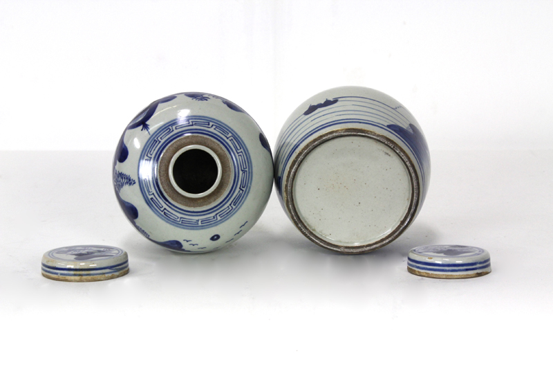 Pair of Chinese Export Blue and White Canton Motif Ginger Jars