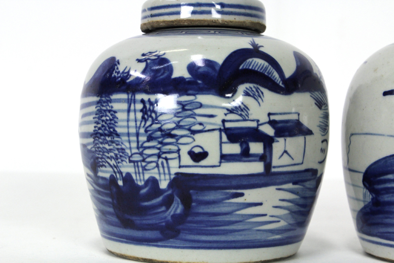 Pair of Chinese Export Blue and White Canton Motif Ginger Jars