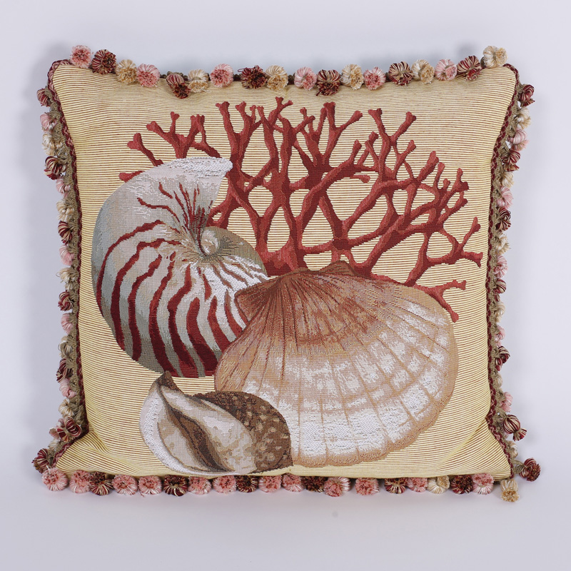 Coral, Nautilus, and Clam Shell Pillow with Fringe