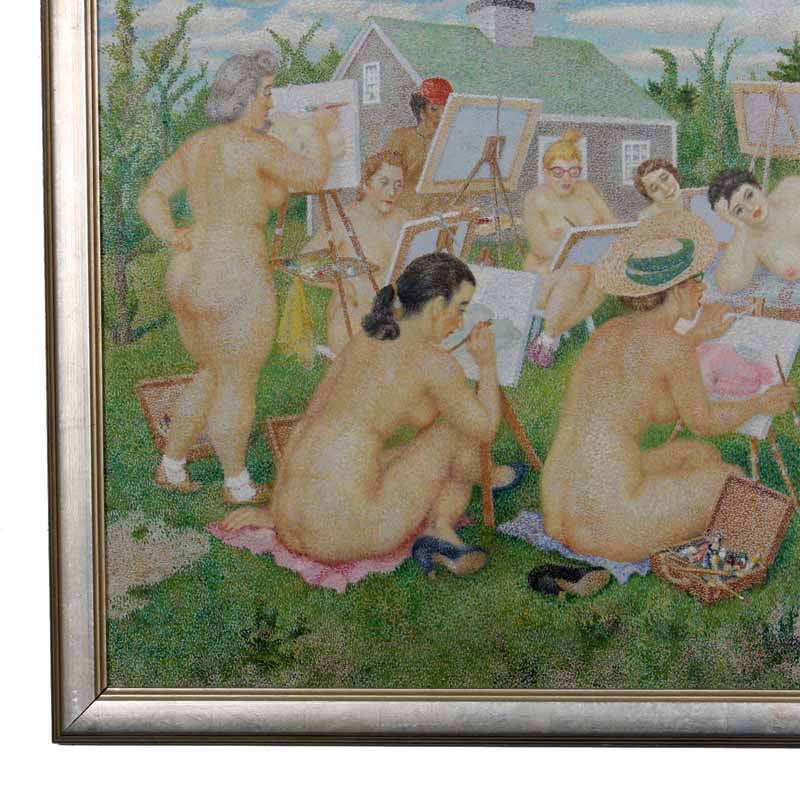 Art Class on Cape Cod Naked Ladies, Oil on Canvas Pointillism Painting