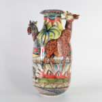 African Decorated Terra Cotta Vase with Three Dimensional Sculptural Animals