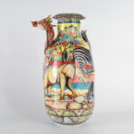 African Decorated Terra Cotta Vase with Three Dimensional Sculptural Animals