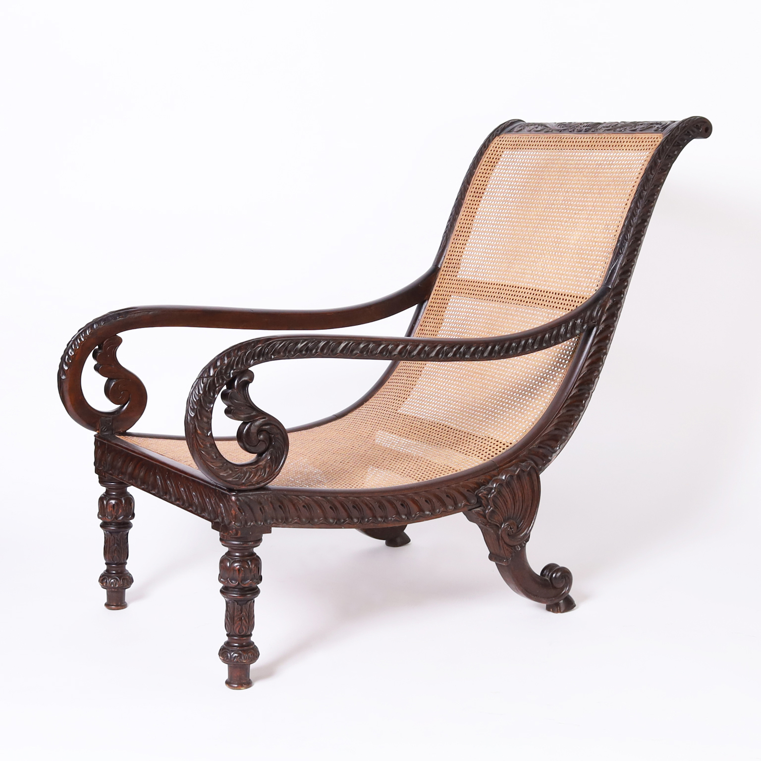 Antique British Colonial Caned and Carved Mahogany Planters Chair
