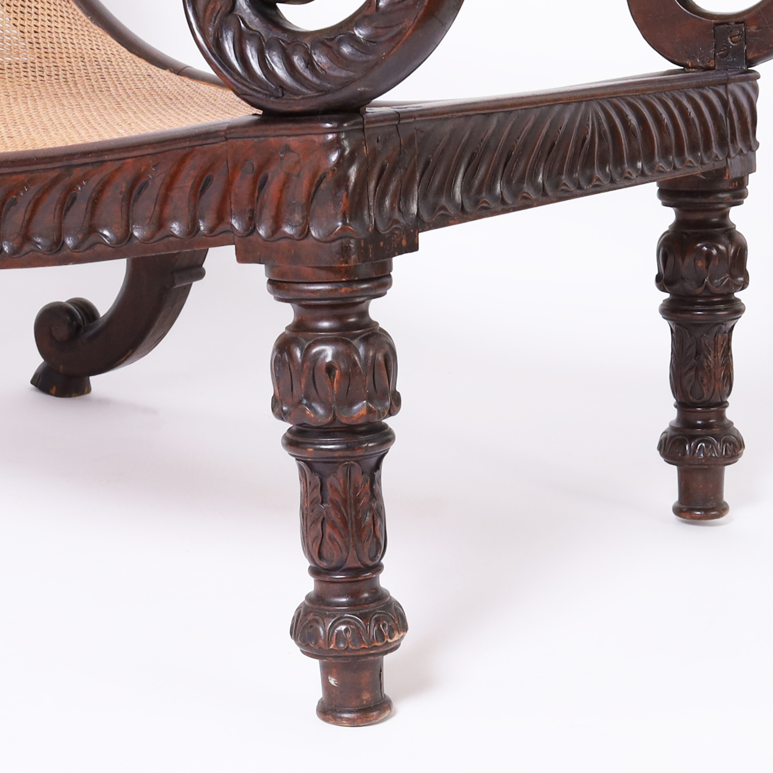 Antique British Colonial Caned and Carved Mahogany Planters Chair