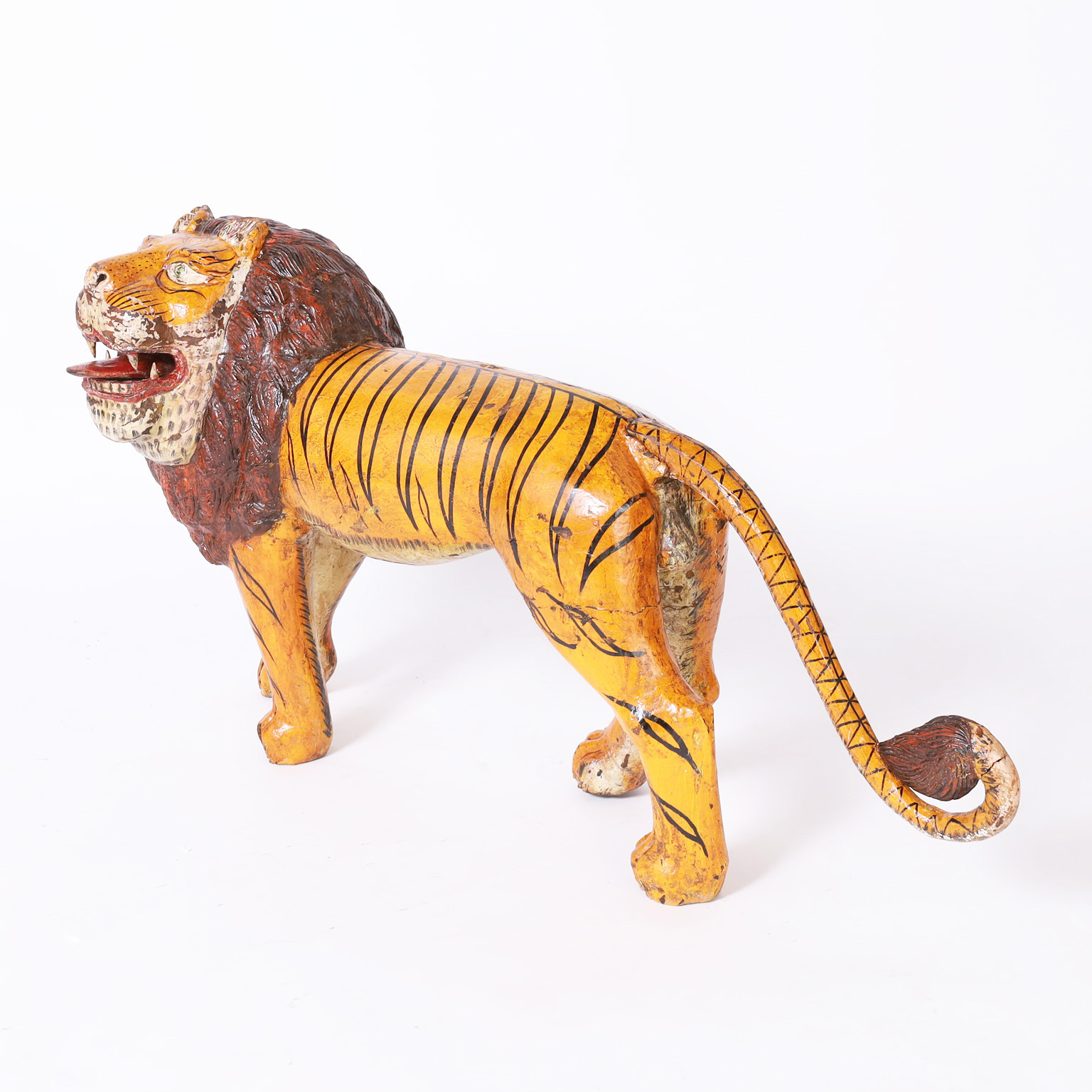 Antique Anglo Indian Folk Art Carved Wood Lion Tiger