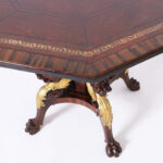Antique English Leather Top Center Table with Carved Lion Heads