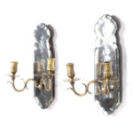 Antique English Brass and Mirrored Two Light Wall Sconces