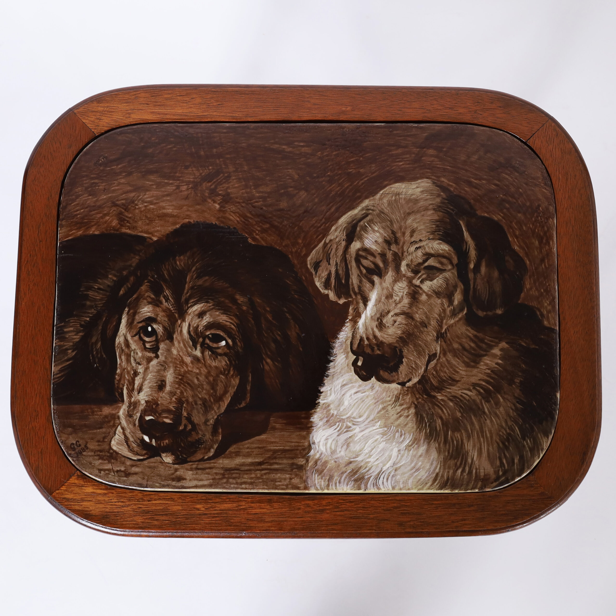 Antique English Tile Top Table with Dogs on a Faux Bamboo Base