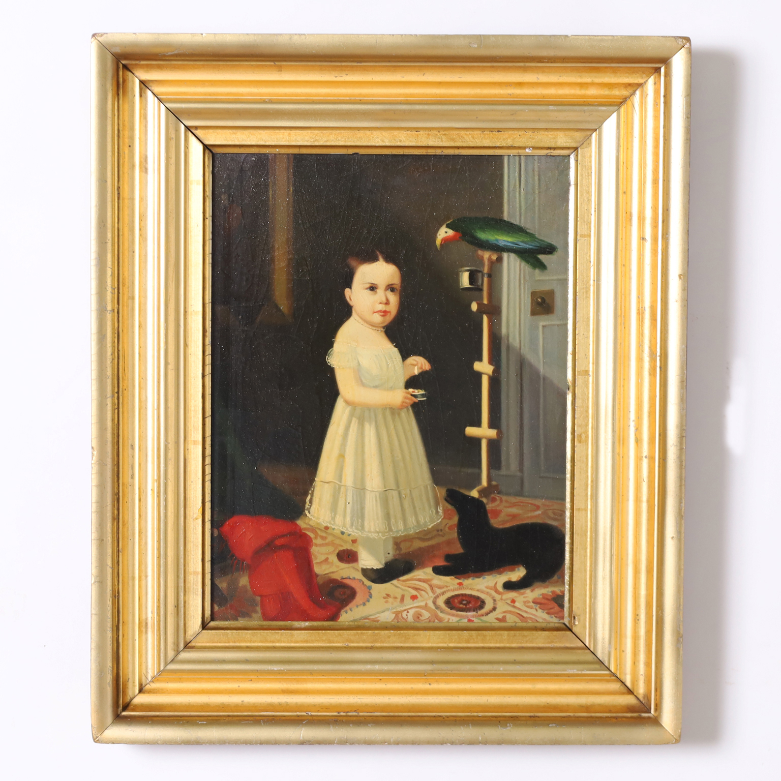 Antique Victorian Oil Painting on Board of a Girl with Dog and Parrot