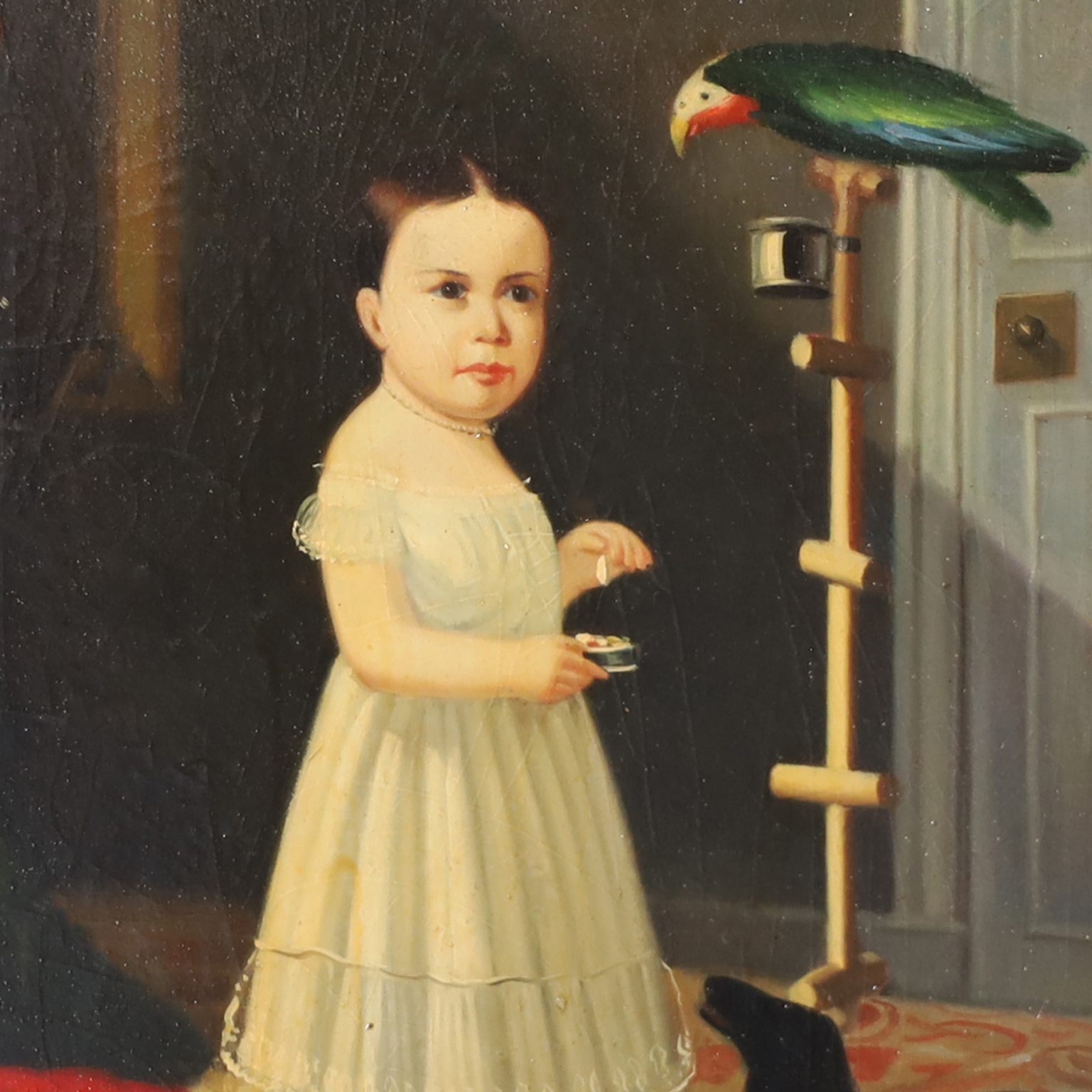 Antique Victorian Oil Painting on Board of a Girl with Dog and Parrot