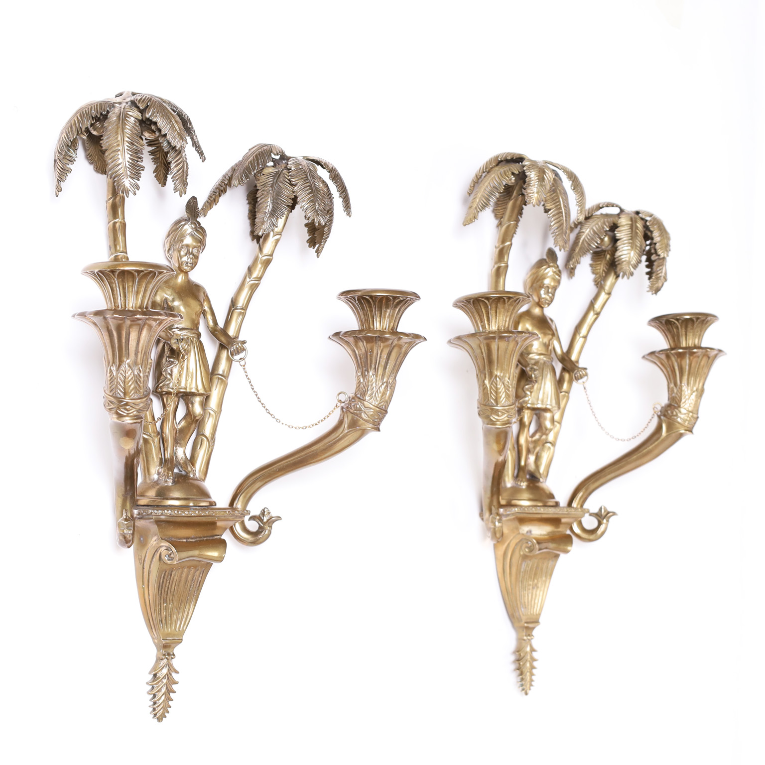 Antique French Orientalist Figural Wall Sconces with Palm Trees