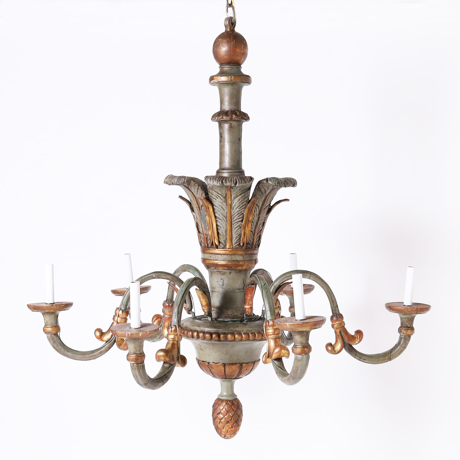 Antique French Provincial Hand Carved Wood Painted Chandelier