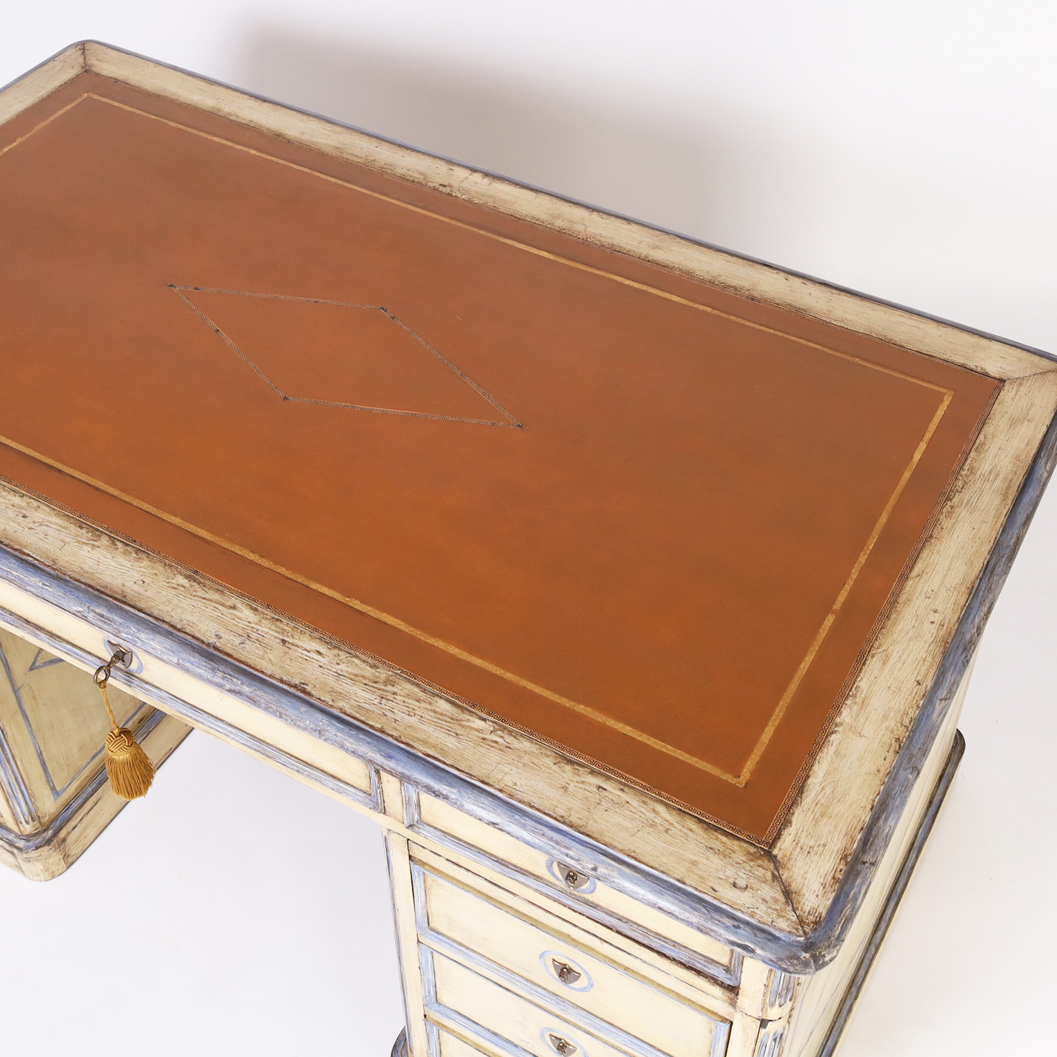 Antique French Provincial Leather Top Painted Kneehole Desk