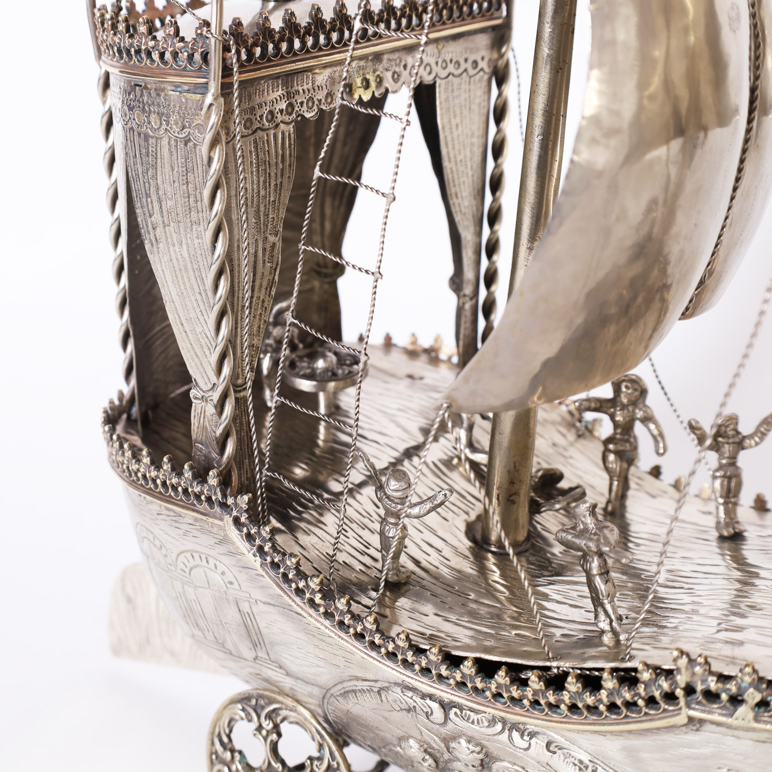 Antique Italian Silver on Brass Sailing Ship on Wheels