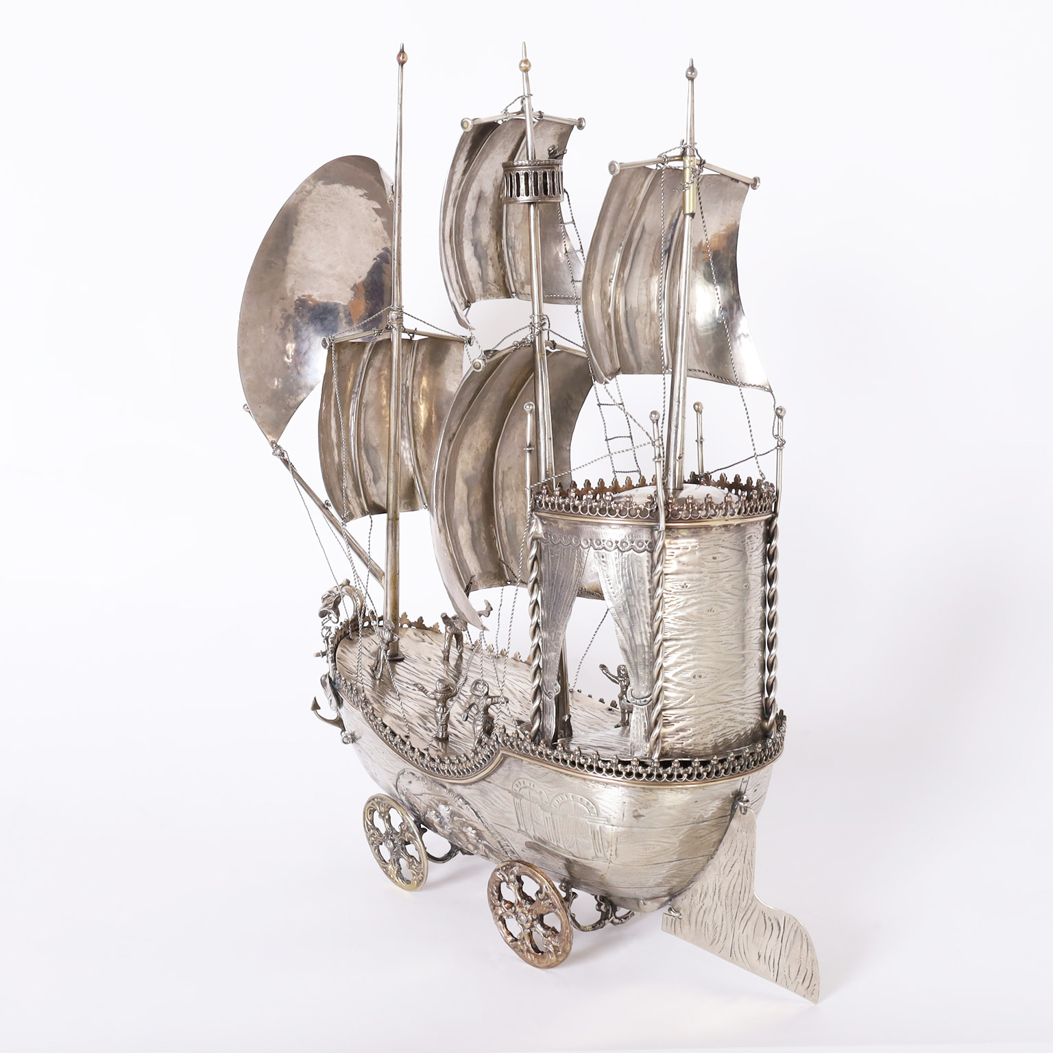 Antique Italian Silver on Brass Sailing Ship on Wheels