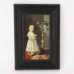 19th Century Oil Painting on Canvas of a Child with a Bird and a Dog