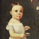 19th Century Oil Painting on Canvas of a Child with a Bird and a Dog