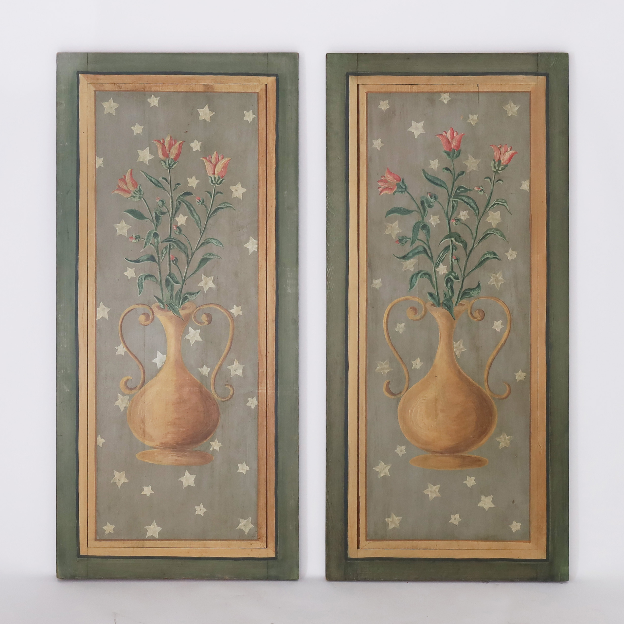 Pair of Antique Wood Decorative Painted Panels From Palm Beach Estate