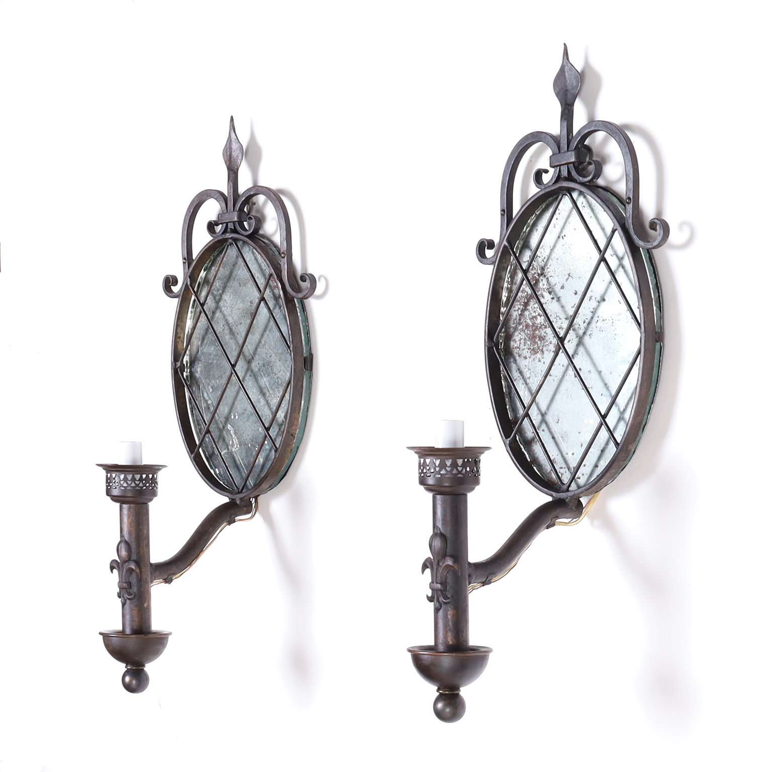 Antique Pair of Charming French Iron and Mirror Wall Sconces
