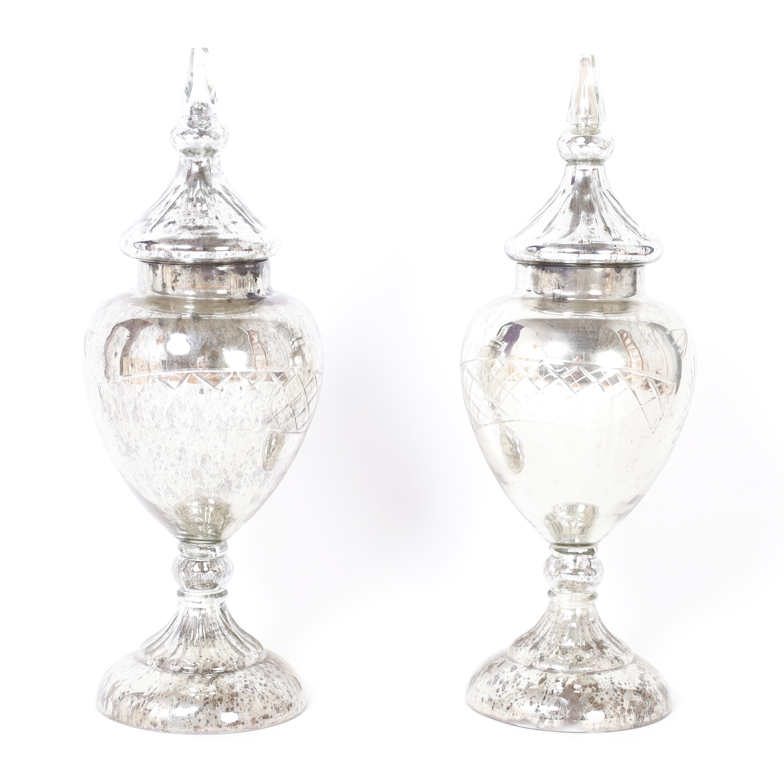 Pair of Antique Mercury Glass Apothecary Urns