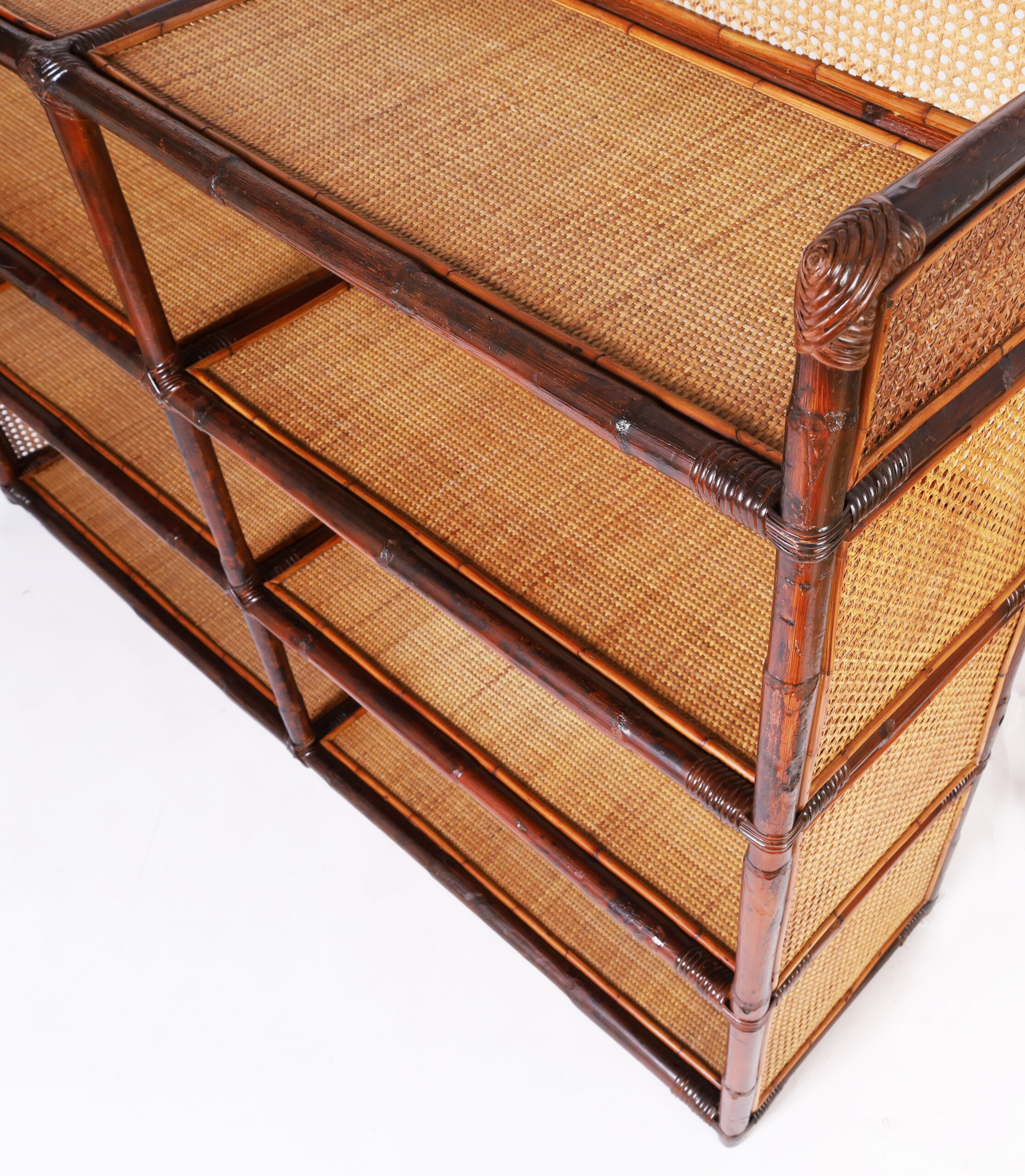 Vintage Caned Bamboo and Grasscloth Etagere or Bookshelf