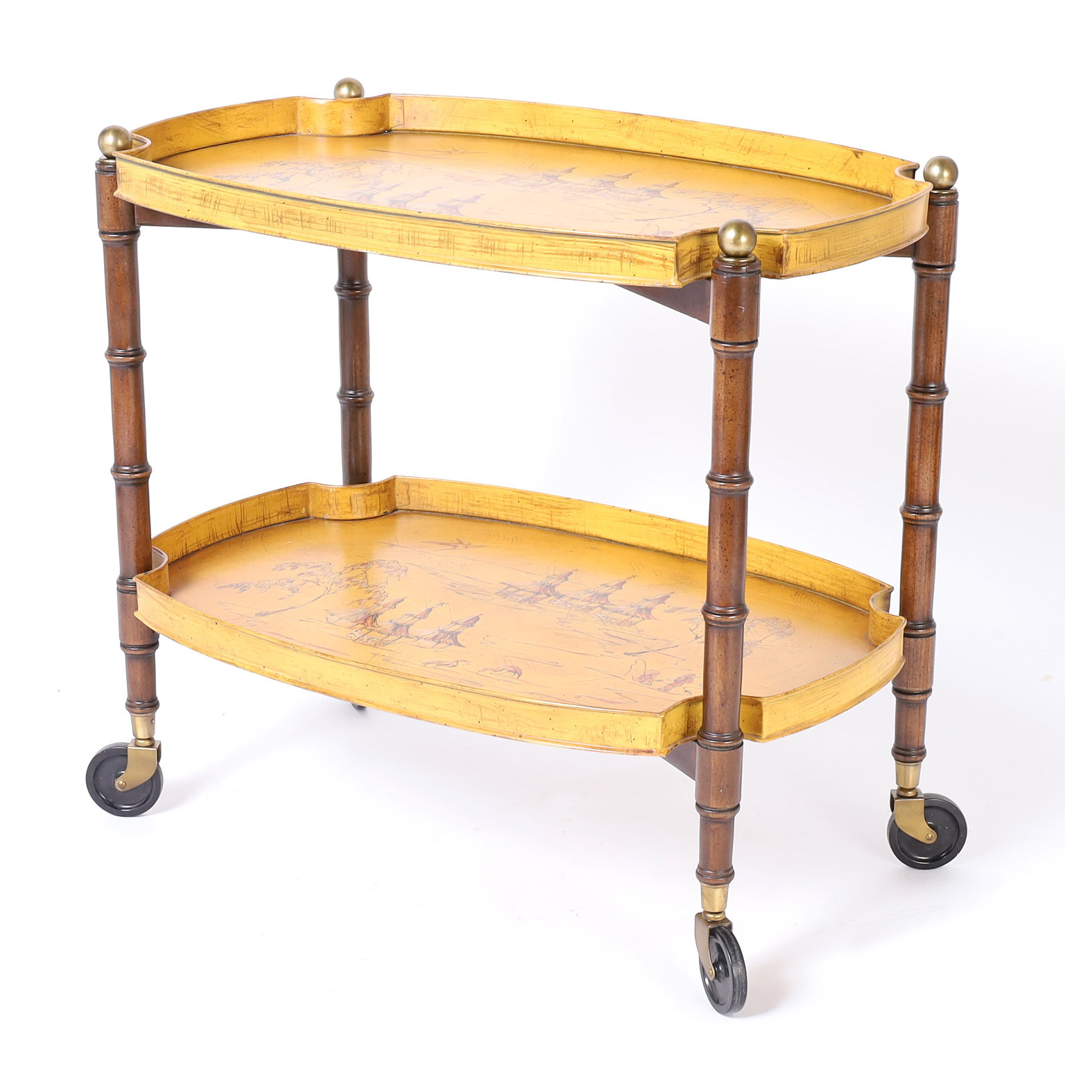 Mid Century Faux Bamboo and Tole Rolling Bar Cart
