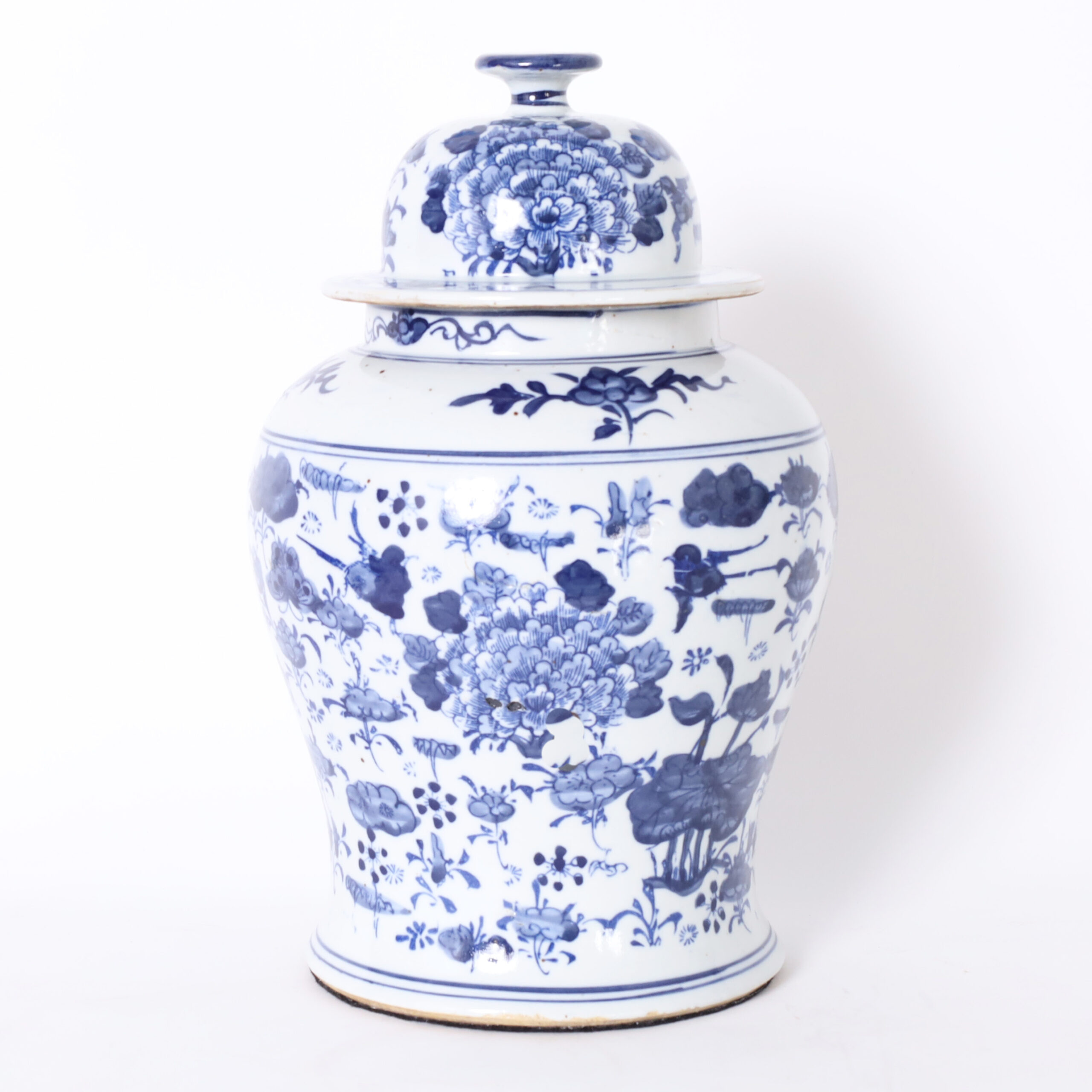 Pair of Chinese Blue and White Porcelain Ginger Jars with Birds and Flowers