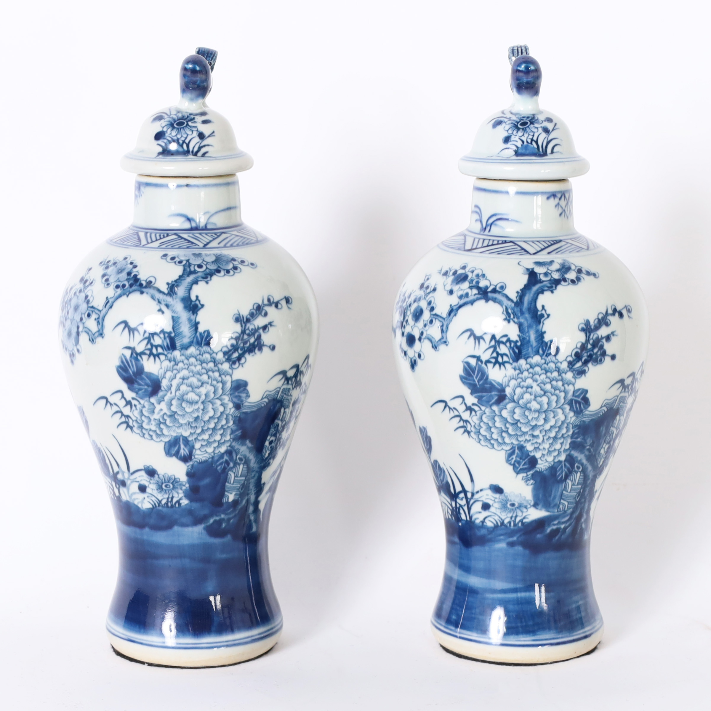 Pair of Chinese Blue and White Urns or Jars With Flowers