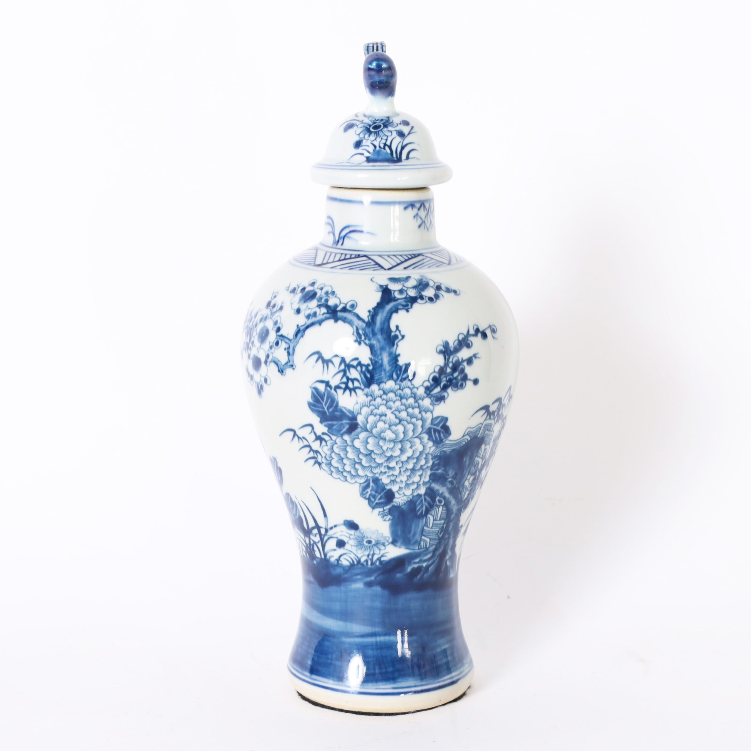 Pair of Chinese Blue and White Urns or Jars With Flowers