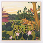 Vintage Painting on Canvas of a Leopard and Parrot in a Jungle Setting