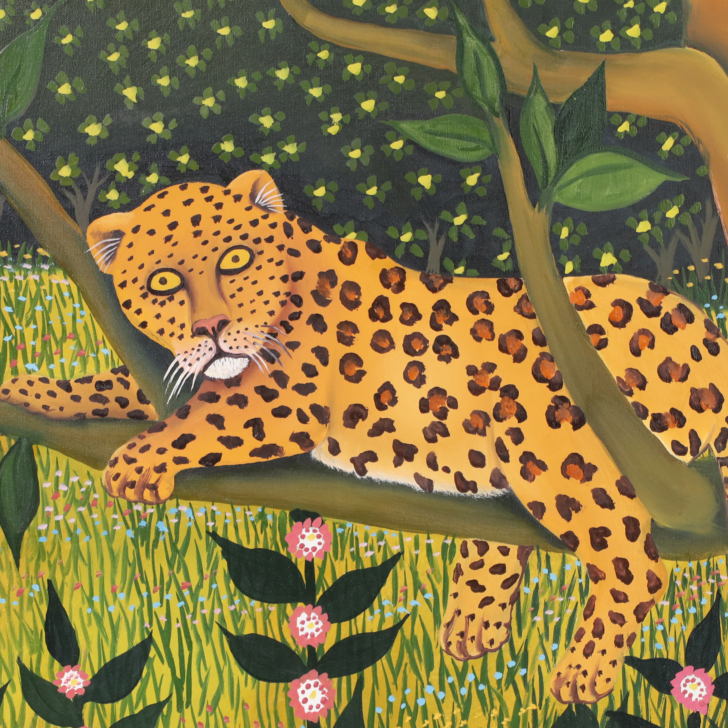 Vintage Painting on Canvas of a Leopard and Parrot in a Jungle Setting