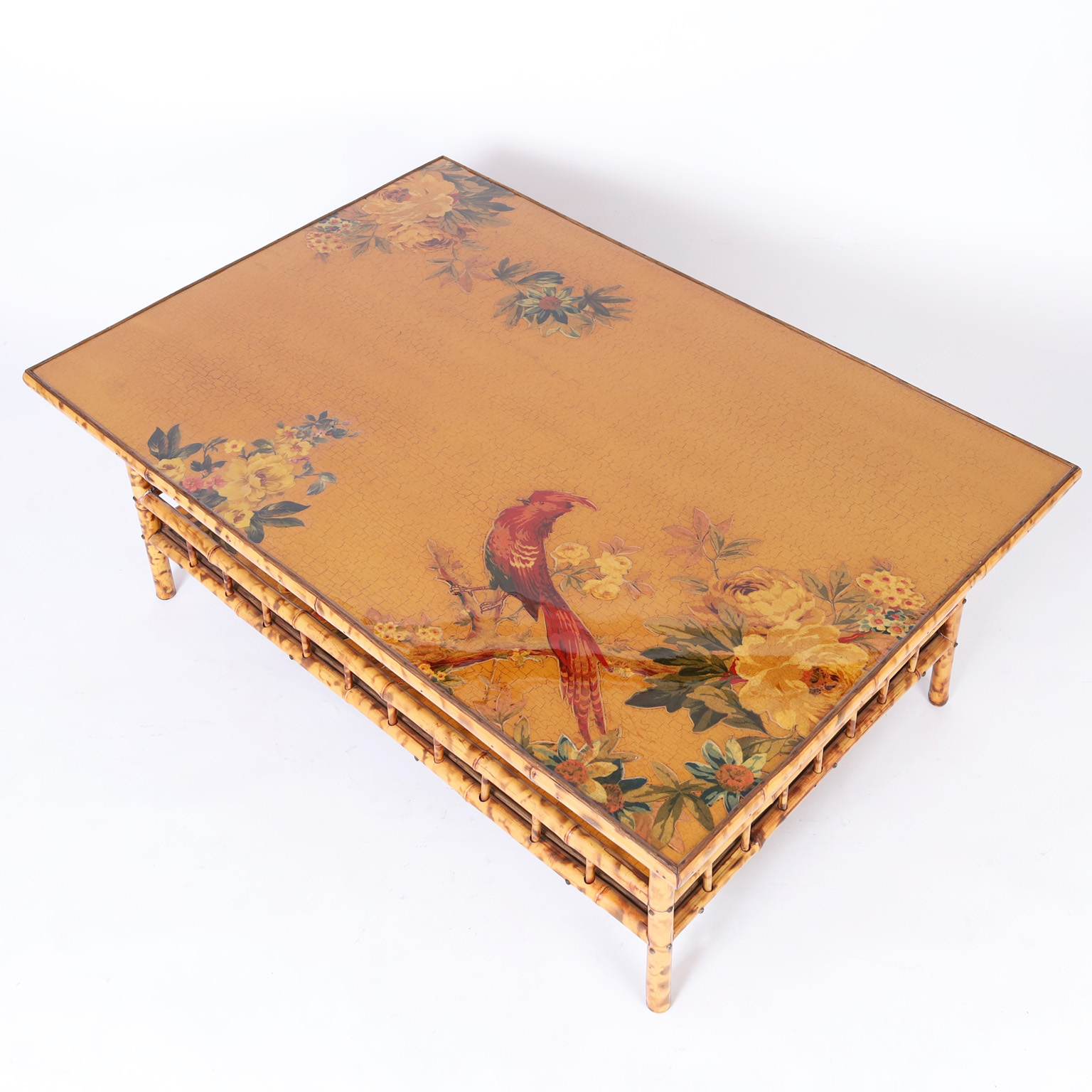 British Colonial Burnt Bamboo Coffee Table with a Decoupage Top