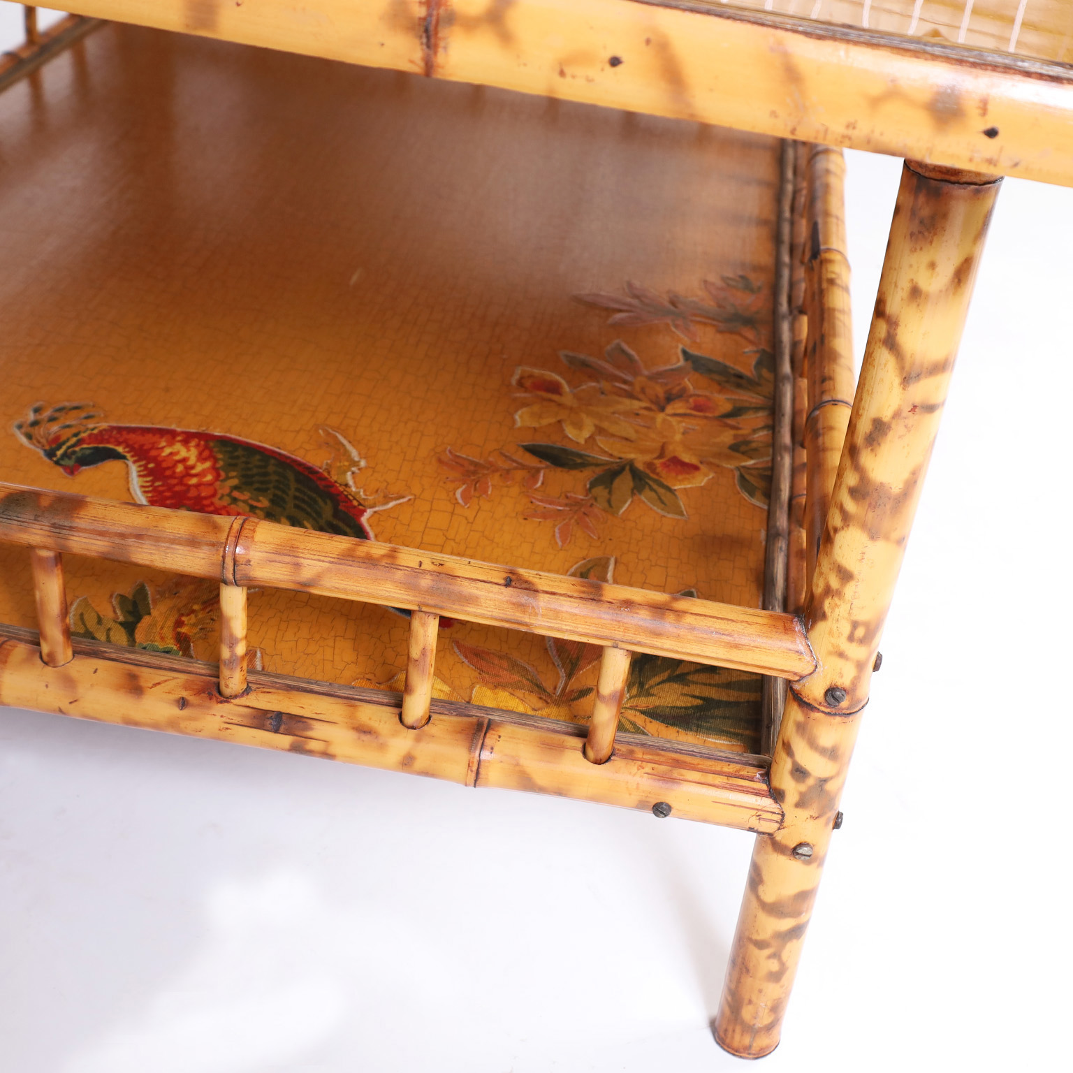 British Colonial Burnt Bamboo Coffee Table with a Decoupage Top