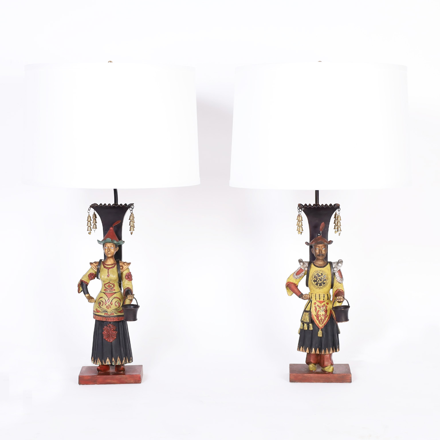 Pair of Painted Chinoiserie Figural Table Lamps