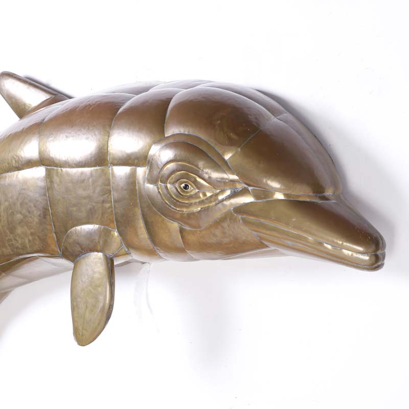 Mid Century Brass Wall Sculpture of a Dolphin