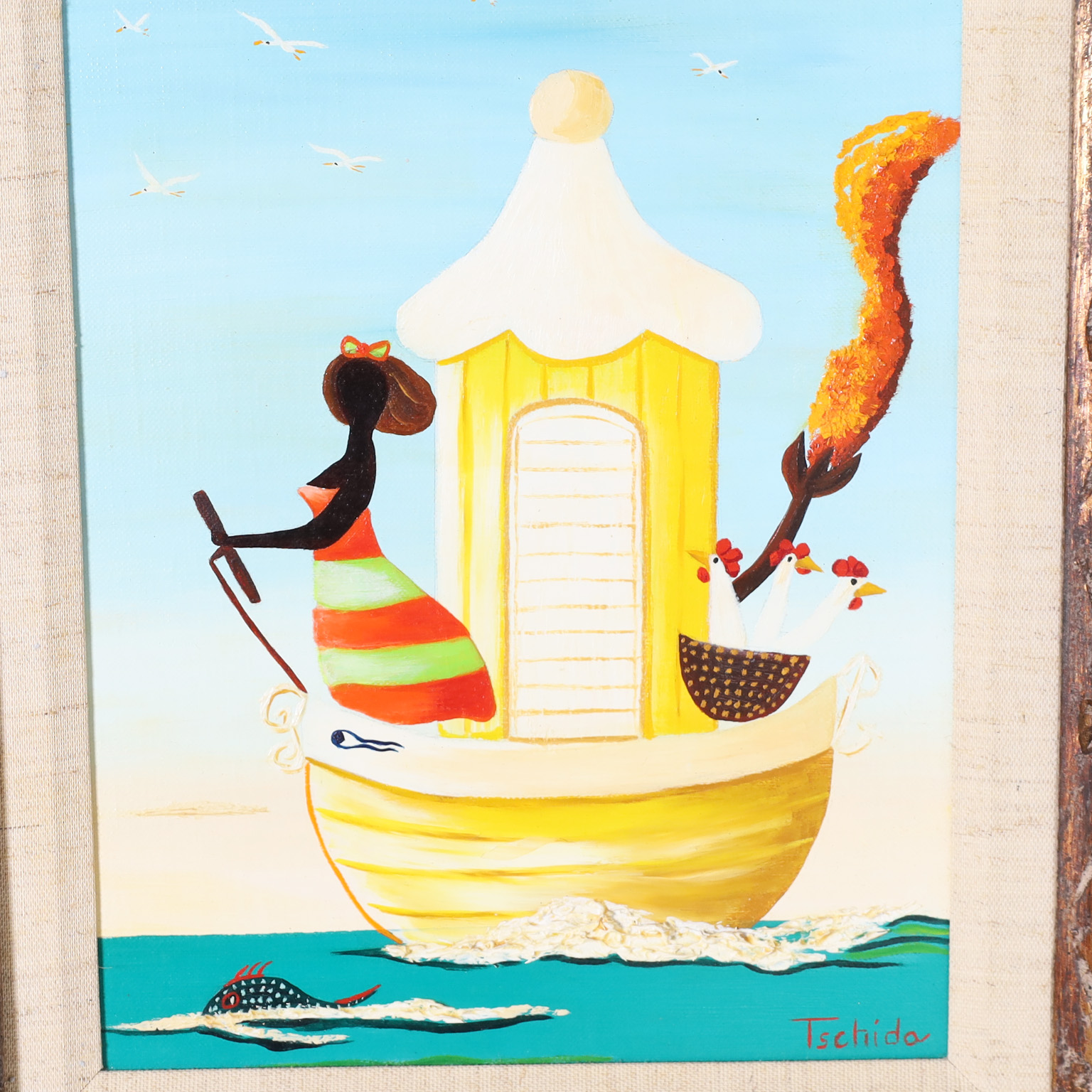 Caribbean Painting on Canvas of a Boat with Figures in the Style of Orville Bulman