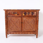 Mid Century Carved Wood, Grasscloth, and Pen Shell Credenza