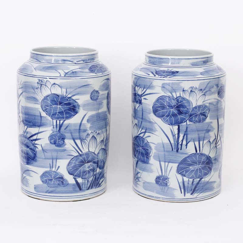 Pair of Chinese Blue and White Porcelain Vases with Water Lillies