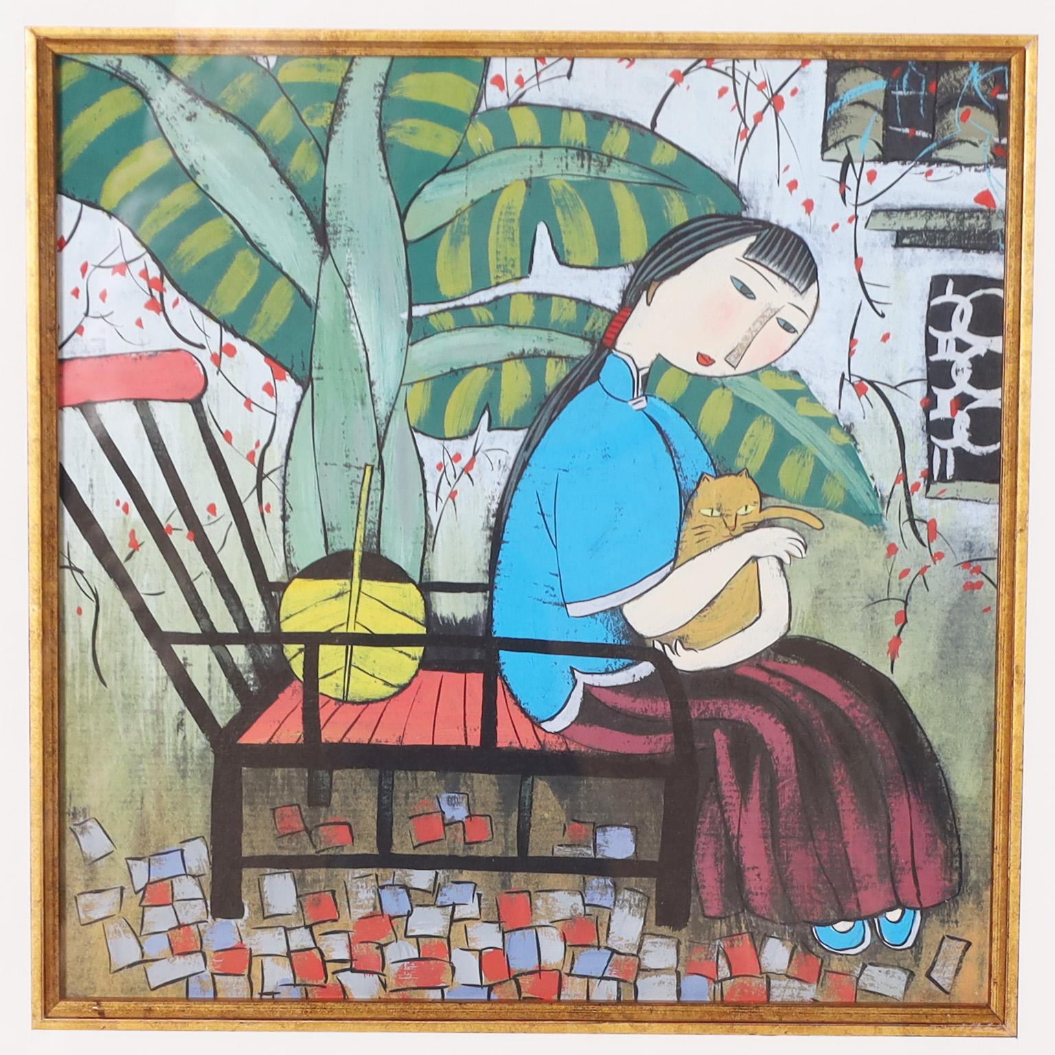 Two Modern Chinese Paintings of Woman with Cats in a Common Frame