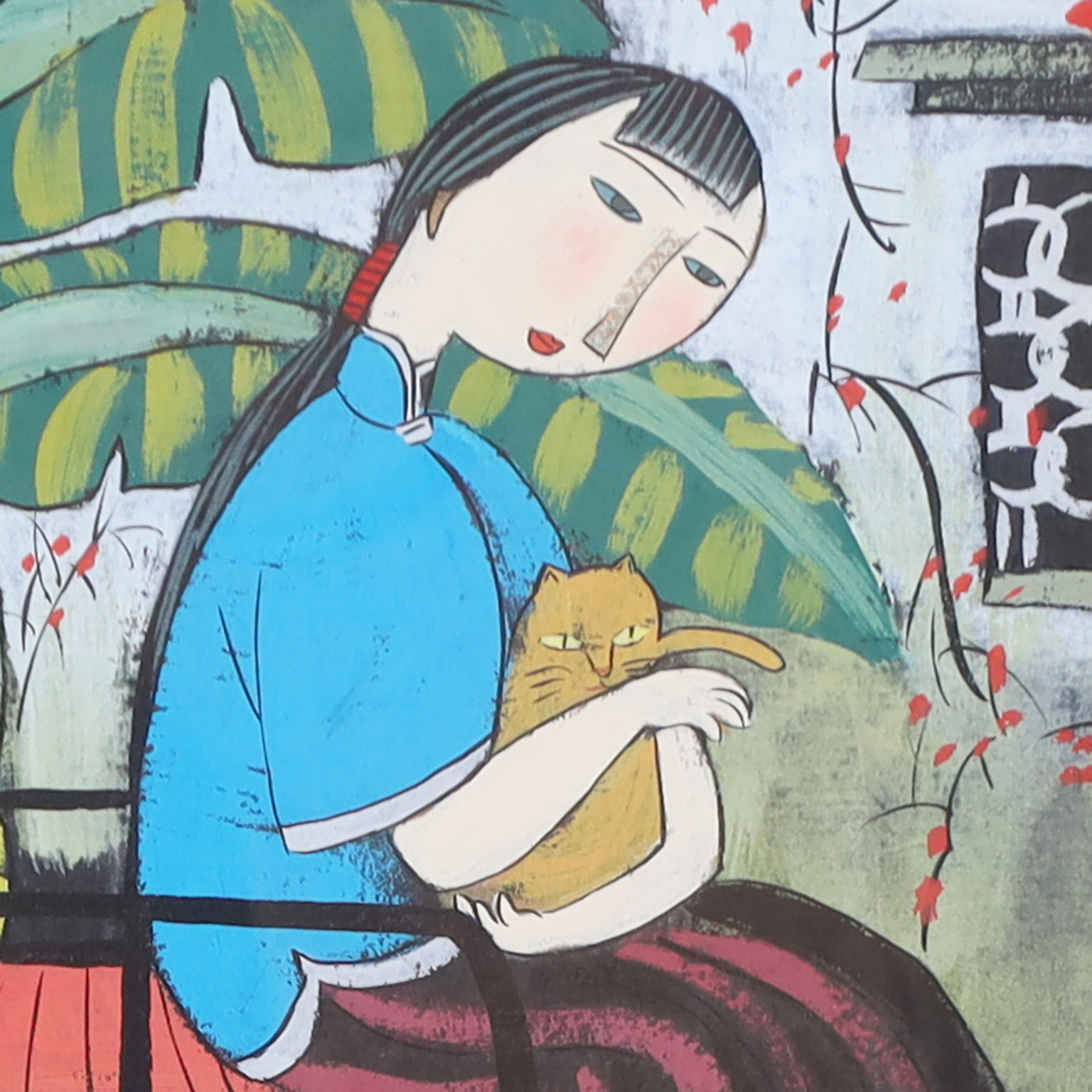 Two Modern Chinese Paintings of Woman with Cats in a Common Frame