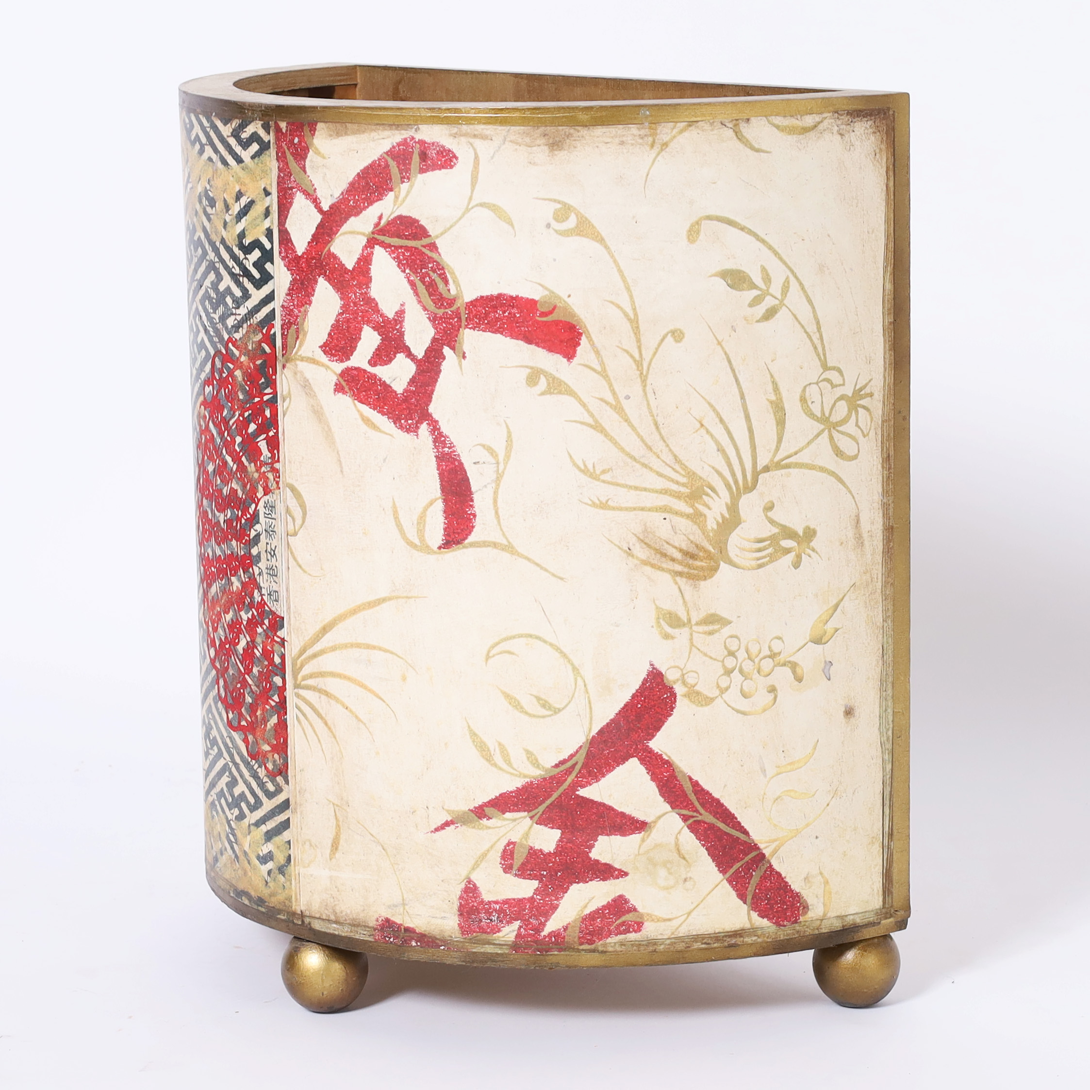 Vintage Chinoiserie Demilune Wastebasket or Container